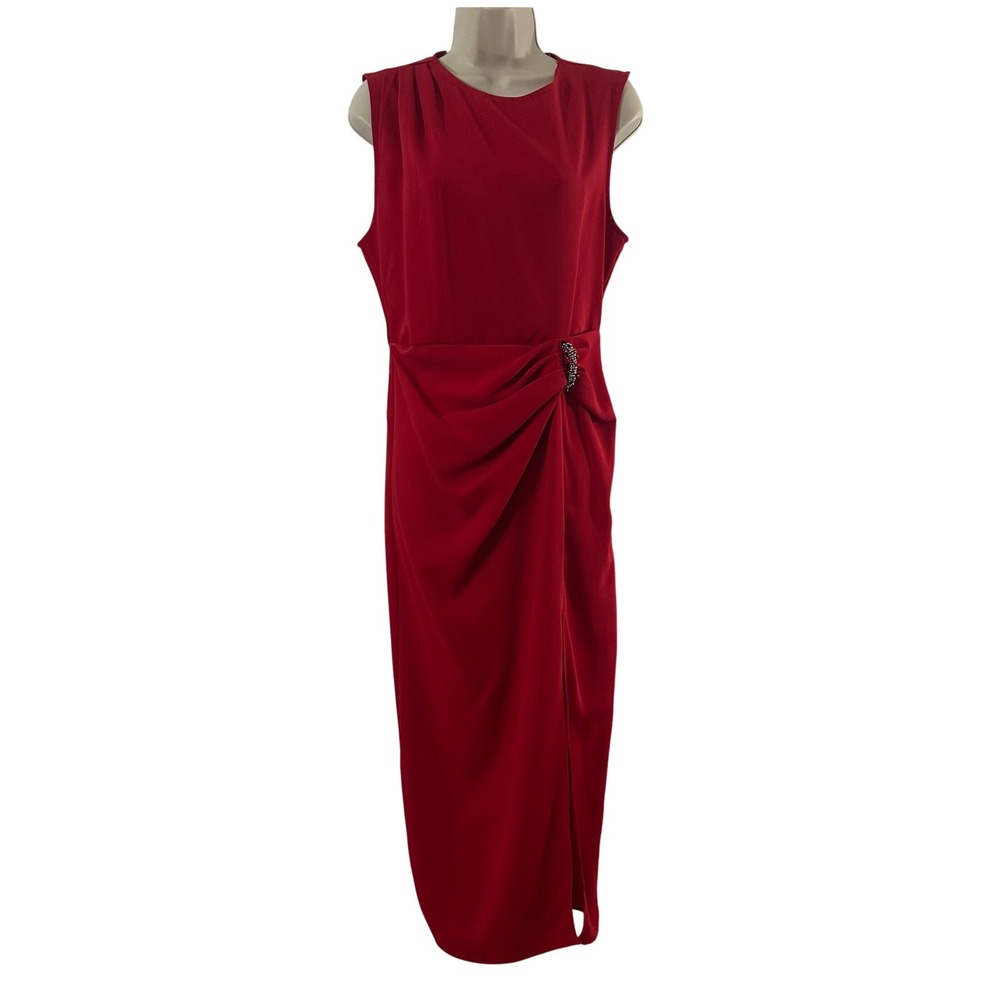 Zara Red Draped Rhinestone Brooch Sleeveless Midi Dress Small Side Slit Formal